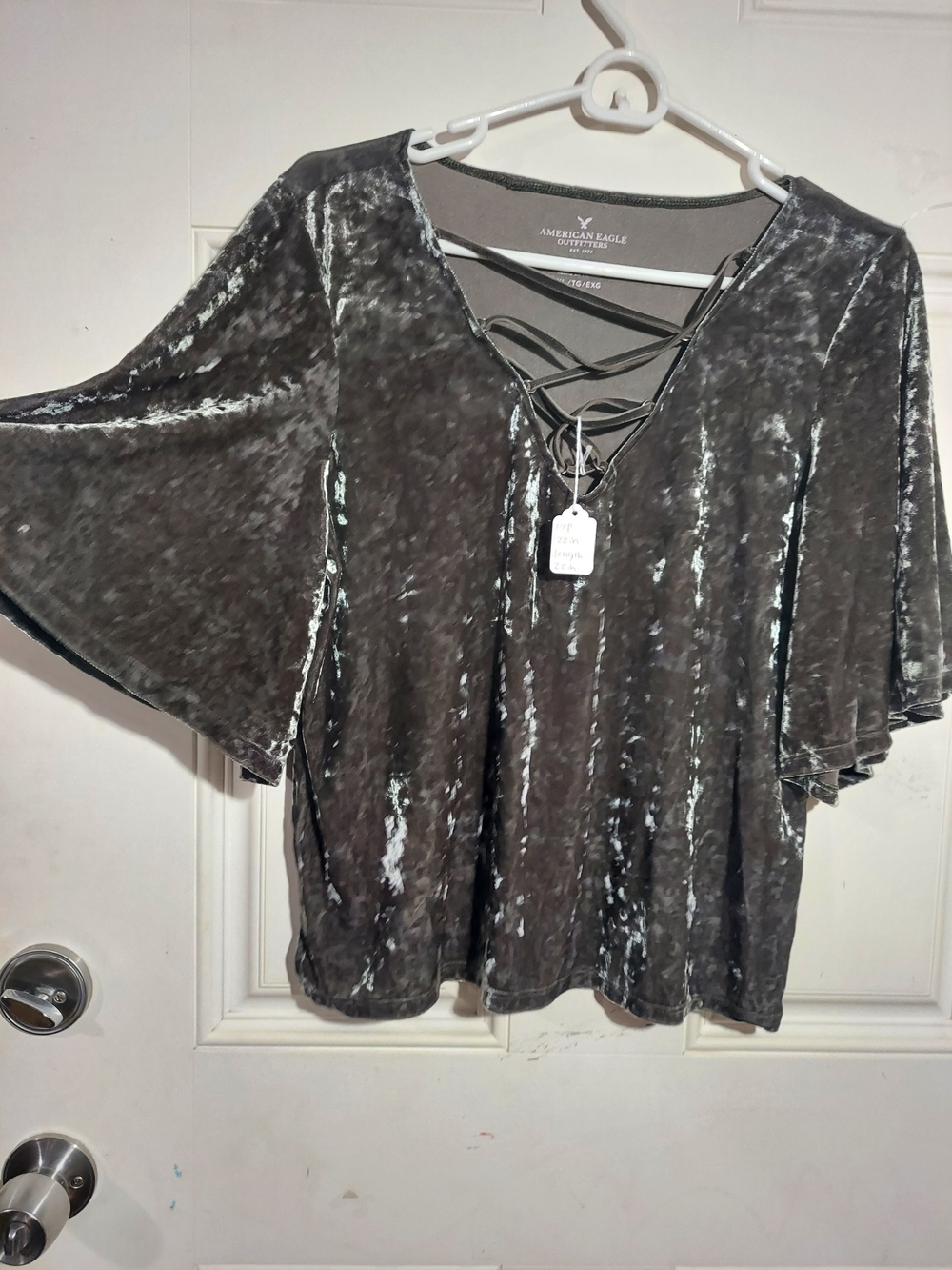 American Eagle Crushed Velvet Lace Up Olive Gray Flutter Sleeve Top Size XL